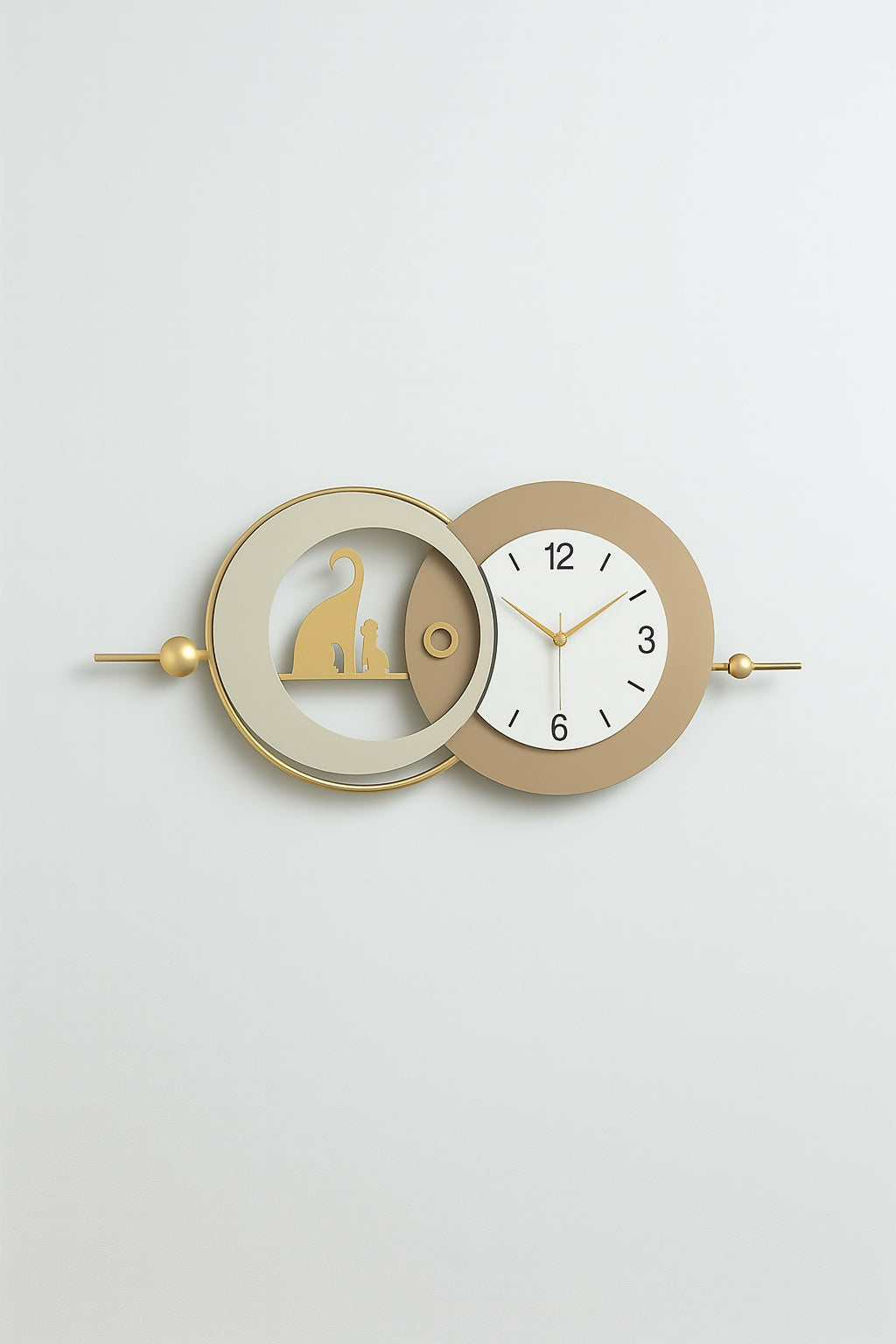 HOME DECOR Modern Designer Cat Theme Wall Clock with Dual Ring Art Frame – Silent Quartz Movement Luxury Clock for Living Room, Dining Room, Office & Bedroom – Decorative Gold and Beige Metal Wall Décor