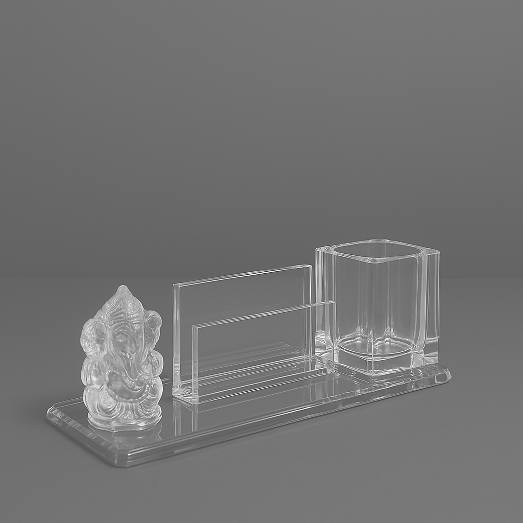 Elegant Glass Desktop Organizer Set with Ganesh Idol | 3-in-1 Office Table Decor with Pen Holder, Card Holder & Religious Showpiece – Ideal for Corporate Gifting & Home Decor