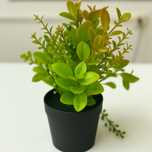 "Artificial Green Leaf Plant in Matte Black Pot – Realistic Faux Indoor Plant for Tabletop, Office Desk & Home Décor – Low Maintenance Decorative Accent – Thoughtful Gift for Housewarming, Diwali, or Festive Occasions"