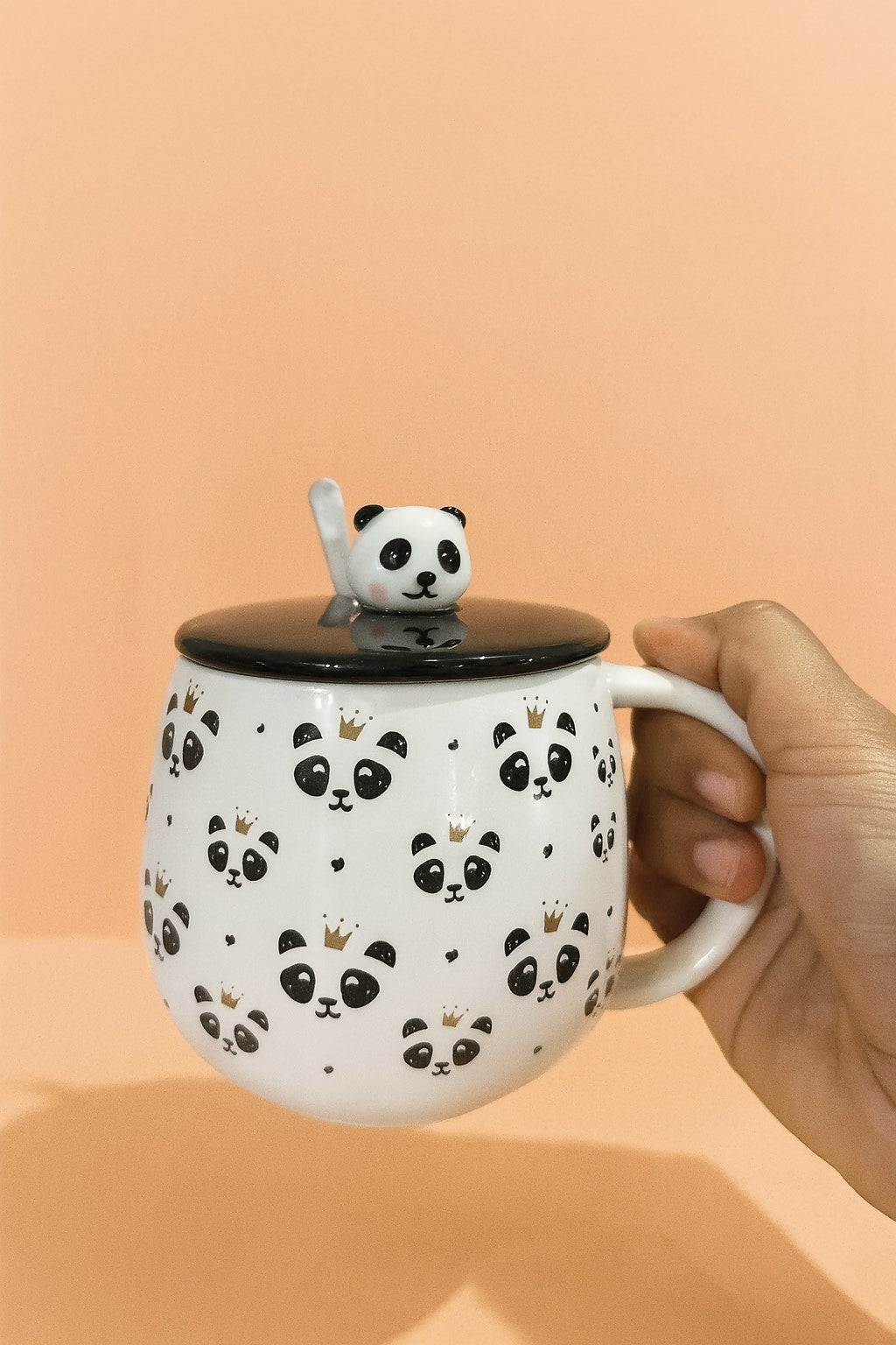 Cute Panda Ceramic Mug with Lid & Spoon | Cartoon Panda Coffee & Tea Cup | Large Capacity Milk Mug with Crown Panda Print | Gift Mug for Kids, Women & Panda Lovers