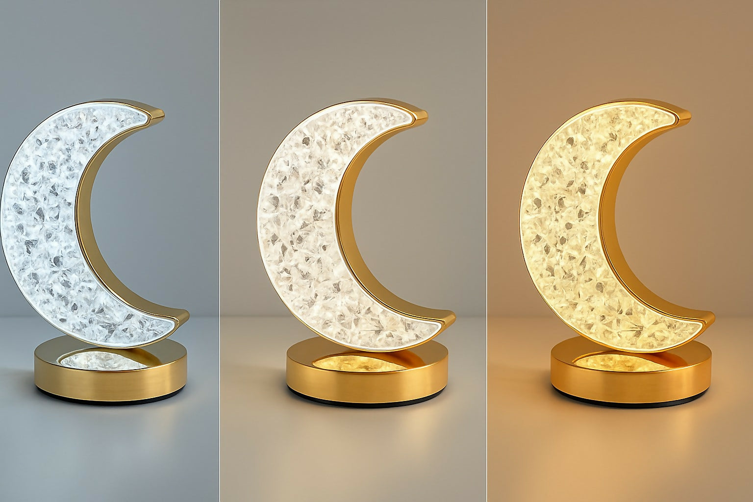 Golden Crystal LED Moon Lamp – 3 Color Modes (White, Warm & Natural Light) – Elegant Crescent Night Light for Bedroom, Table Decor, or Gift – USB Rechargeable Touch Control Moonlight Lamp