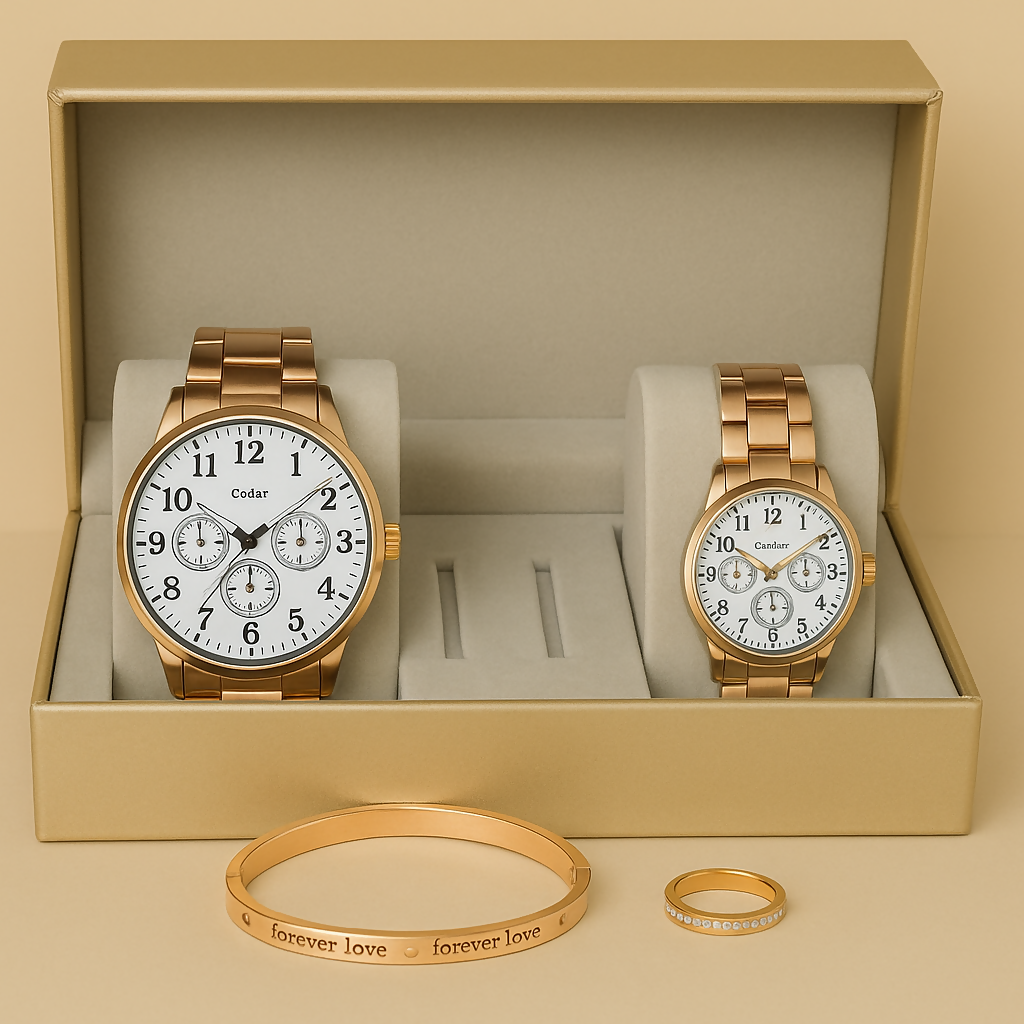 Luxury Gold-Plated Couple Watch Gift Set – His & Hers Matching Chronograph Watches with Elegant Bracelet & Love Engraved Ring in Premium Display Box – Ideal for Anniversary, Wedding, or Valentine's Day Gift