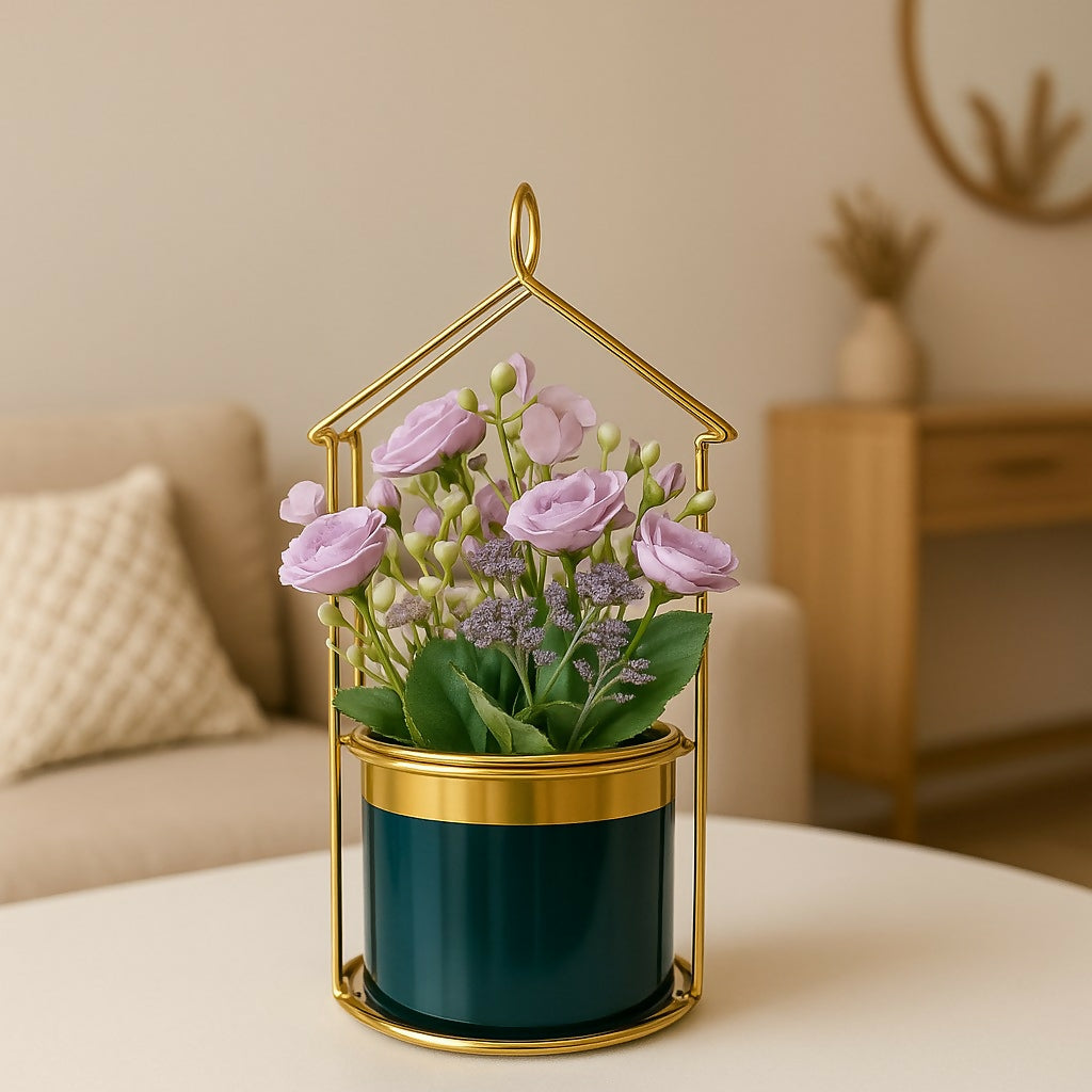 Golden Metal House-Shaped Stand with Artificial Yellow Roses in Glossy Green Pot – Elegant Decorative Flower Arrangement for Home, Office & Gift