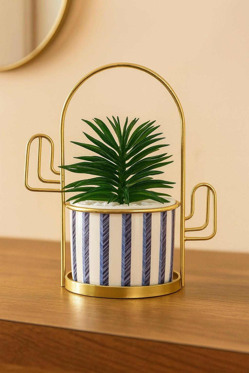 Elegant Striped Ceramic Planter with Artificial Palm Leaf Plant and Golden Metal Stand – Decorative Tabletop Pot for Home, Office, and Gift Use