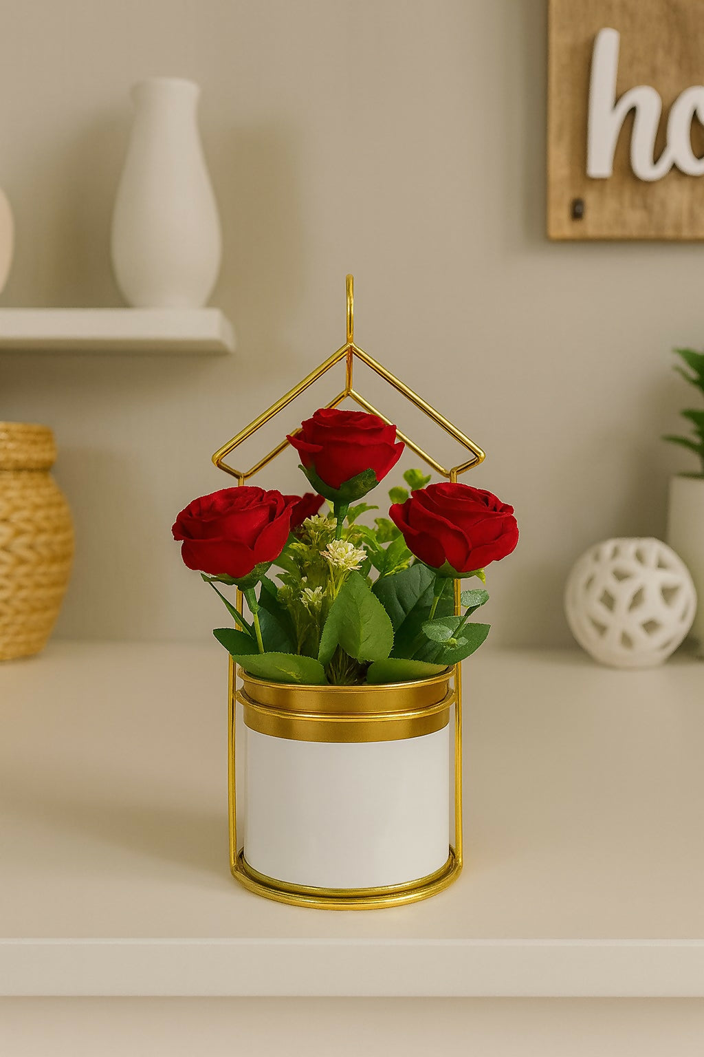 Artificial Red Rose Flower Arrangement in White & Gold Metal Pot with Geometric Stand – Elegant Decorative Centerpiece for Home, Office, and Gifting