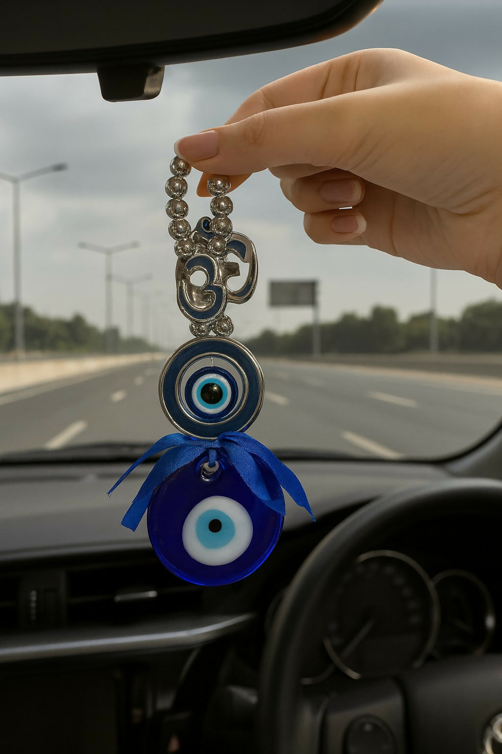 Om Evil Eye Wall Hanging with Blue Ribbon | Spiritual Protection & Positive Energy Decor for Home, Car & Office