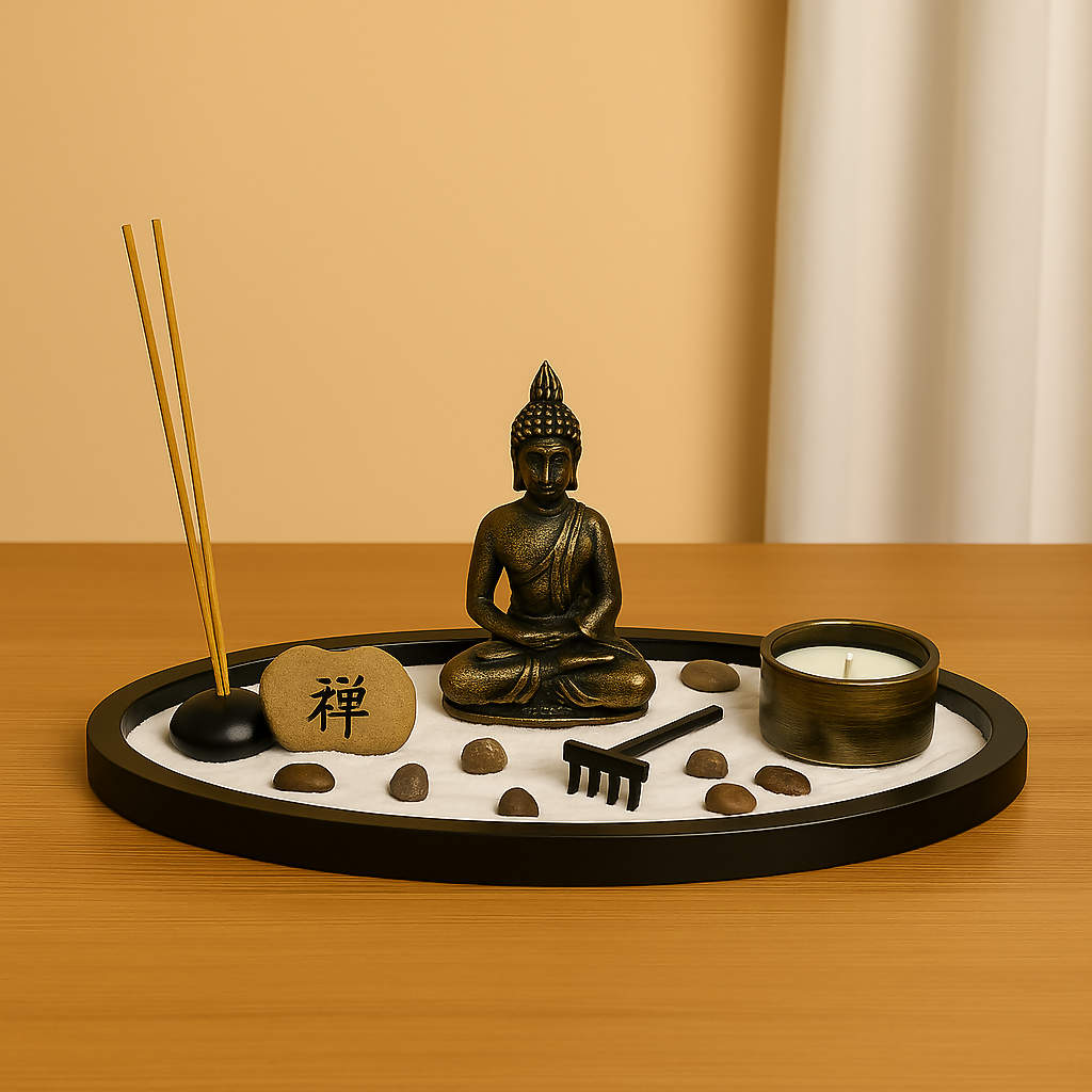 Oval Zen Garden with Buddha Statue – Tabletop Meditation Set with Candle, Incense Holder, Stones & Sand Tray – Spiritual Decor for Home or Office