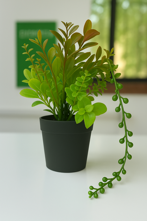 "Artificial Green Leaf Plant in Matte Black Pot – Realistic Faux Indoor Plant for Tabletop, Office Desk & Home Décor – Low Maintenance Decorative Accent – Thoughtful Gift for Housewarming, Diwali, or Festive Occasions"