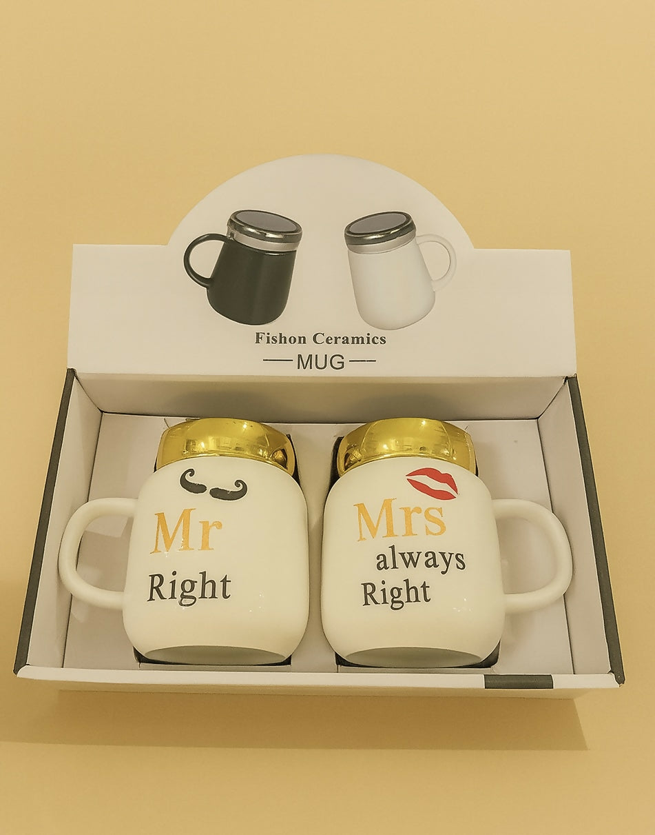 Mr Right and Mrs Always Right Ceramic Mug Set with Golden Lids – Funny Couple Coffee Mugs by Fishon Ceramics – White Gift Boxed Tea Cups for Anniversary, Wedding, Valentine’s Day
