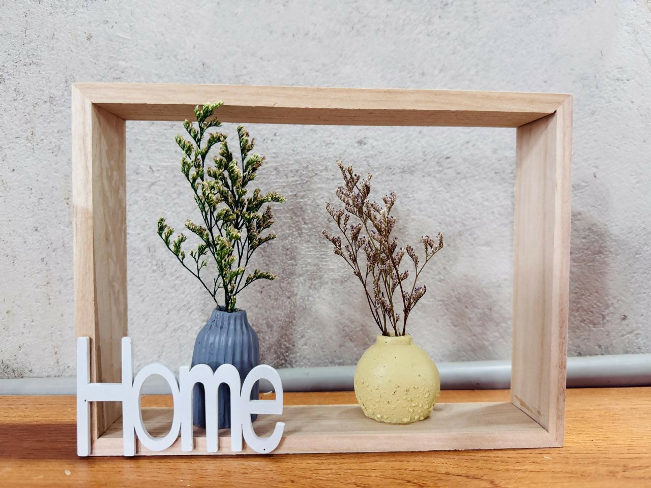 Rustic Wooden Frame Wall Shelf with Decorative Mini Vases and “Home” Sign – Vintage Style Tabletop & Wall Hanging Décor for Living Room, Bedroom, and Office