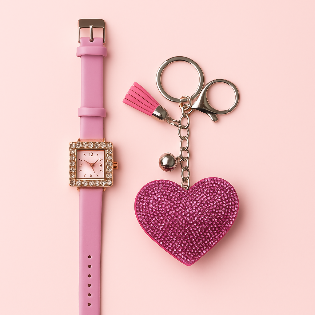 Luxury Girls' Gift Set – Pink Square Dial Analog Watch with Crystal Bezel & Matching Glitter Heart Keychain – Elegant Yellow Satin Gift Box for Birthdays, Anniversaries, Valentine's Day & Special Occasions