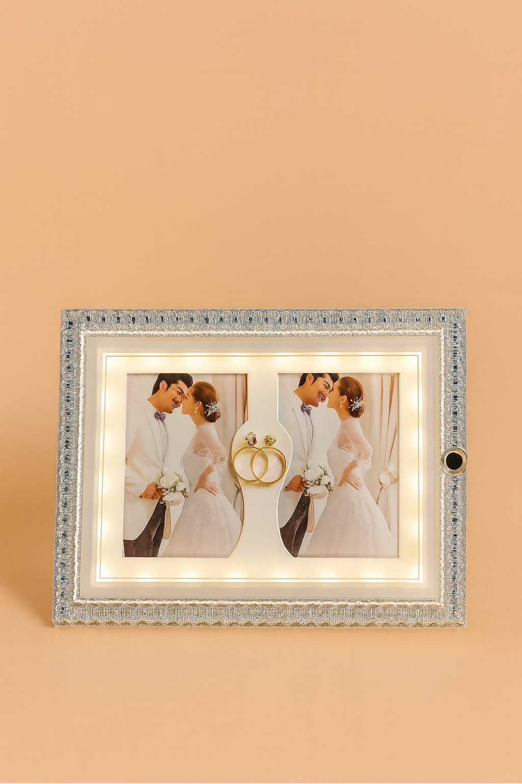 Crystal LED Wedding Photo Frame with Dual Photo Slots & Golden Ring Accent | Luxury Sparkling Diamond-Cut Border | Light-Up Decorative Frame for Couples, Anniversary, Wedding & Romantic Gifts