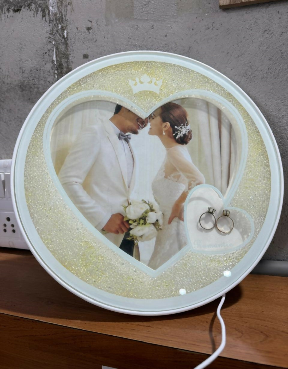 Romantic Heart-Shaped LED Photo Frame with Warm Golden Glow | Personalized Wedding Anniversary Gift for Couples | Decorative Night Light for Bedroom, Living Room & Gifting