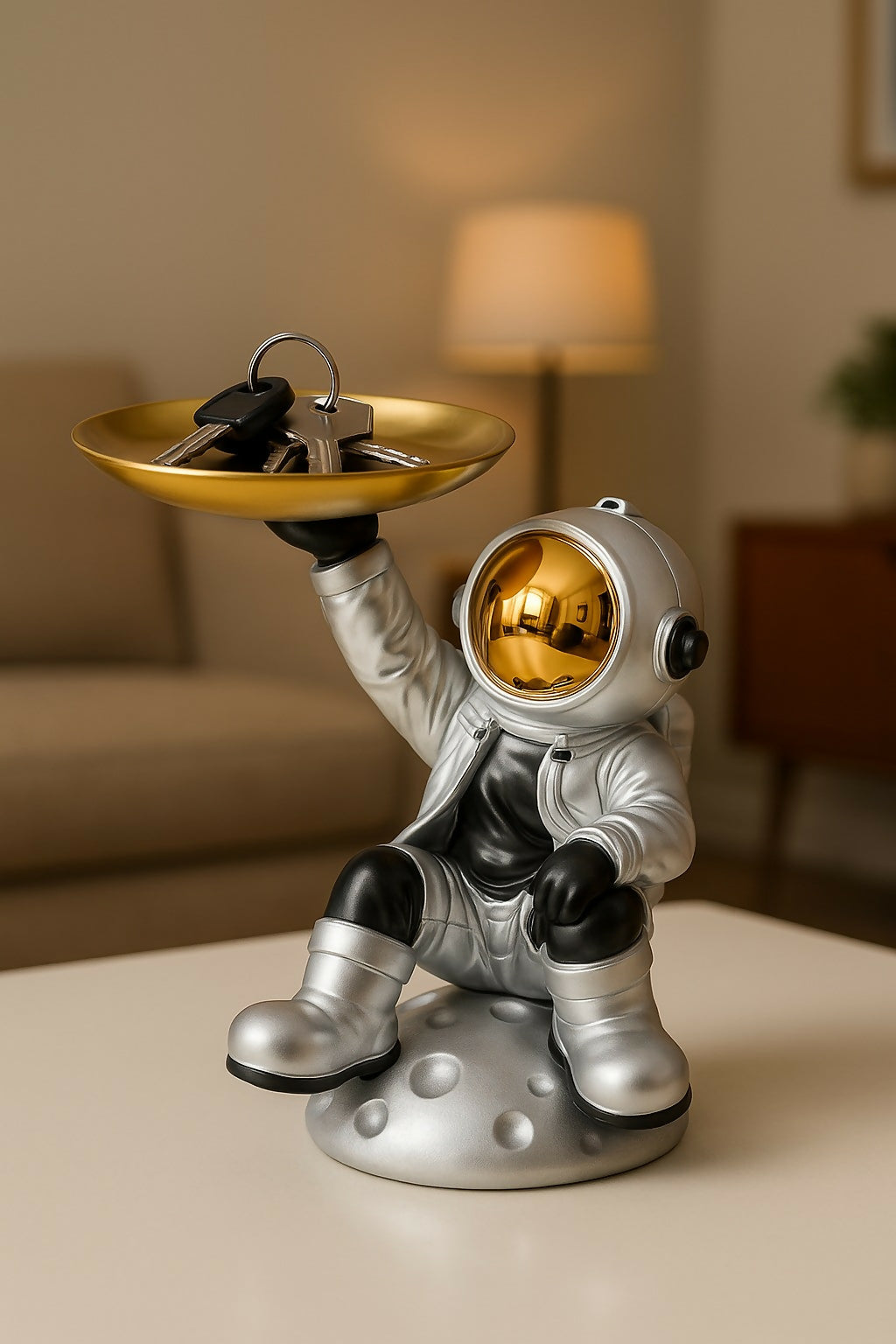 HOME DECOR Astronaut Decorative Tray Holder – Space-Themed Resin Astronaut Figurine with Golden Platter for Keys, Snacks, Jewelry & Accessories – Futuristic Home Decor for Tabletop, Entryway, or Gifting