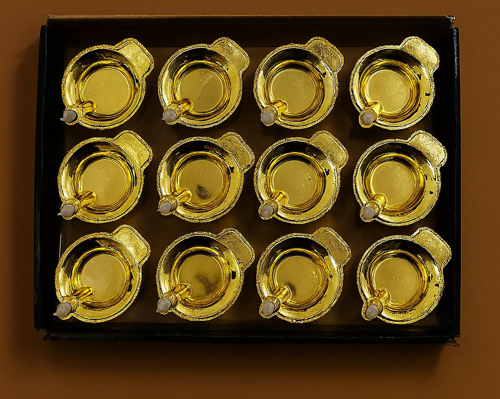 Set of 12 Decorative Golden Metal Diya with Wicks – Traditional Oil Lamp Set for Diwali, Pooja, Festive Decor & Gifting (Reusable Brass-Finish Look)