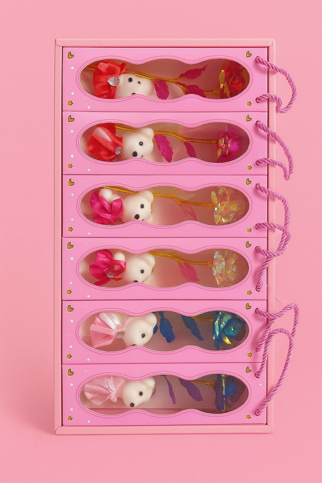 Luxury Gift Set of 6 Artificial Rose with Cute Teddy in Designer Pink Box – Multicolor Golden Foil Flower & Plush Bear Combo for Valentine’s Day, Birthday, Anniversary & Romantic Gifting