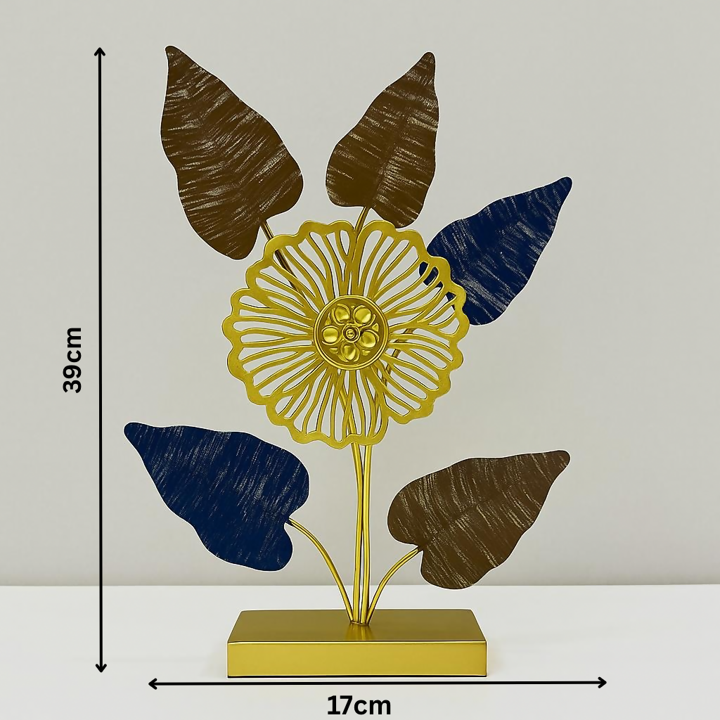 HOME DECOR Modern Metal Flower Table Decor – Golden Floral Showpiece with Blue & Brown Leaves