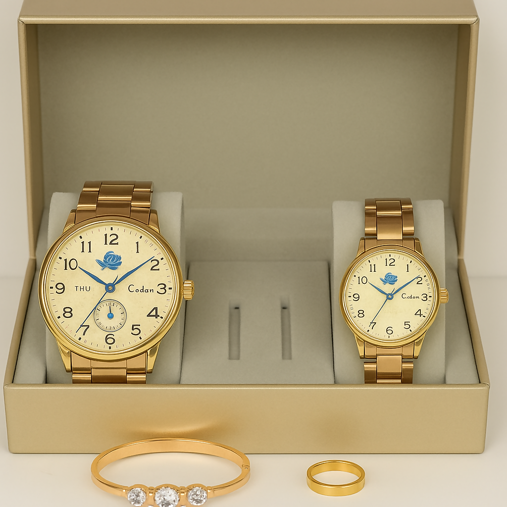 Luxury Gold Couple Wrist Watch Gift Set with Matching Bracelet and Ring – Elegant His & Her Analog Watch Combo for Anniversary, Wedding, or Special Occasions