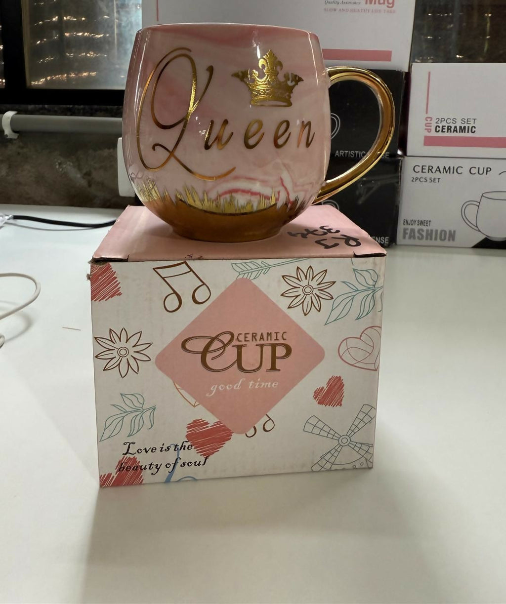 Queen Pink Marble Ceramic Mug with Golden Crown Handle – Luxury Gift Cup
