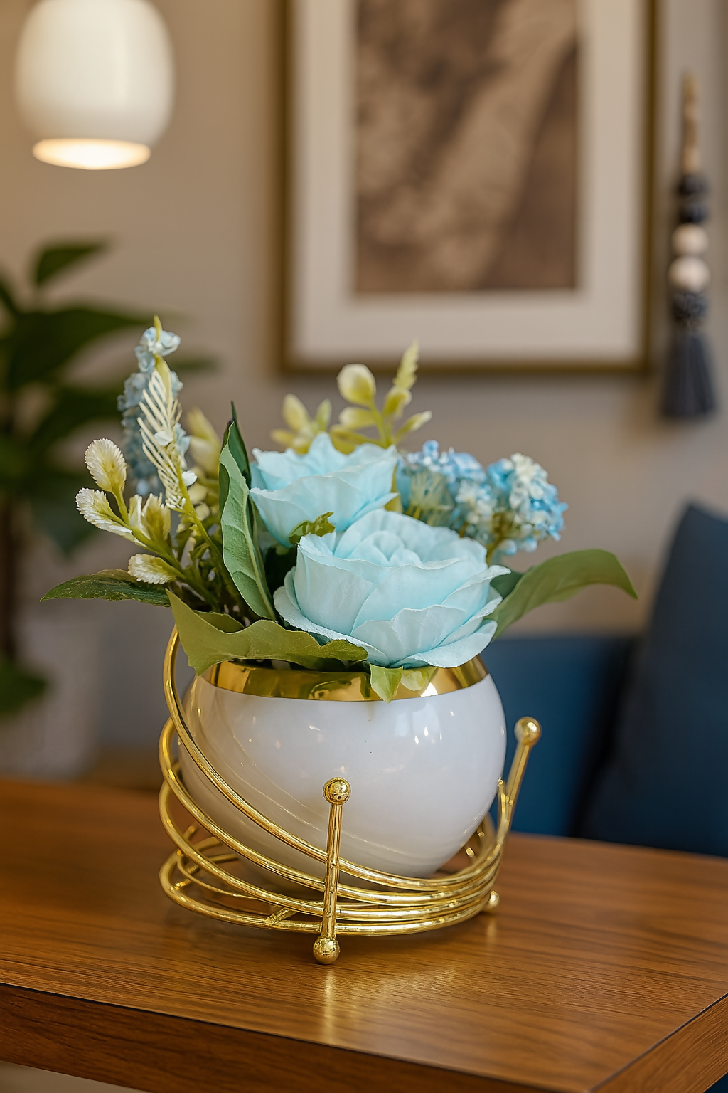 Luxury Artificial Blue Rose Flower Arrangement in White Globe Pot with Golden Metal Stand – Decorative Faux Floral Centerpiece for Home, Office, Tabletop & Gifting