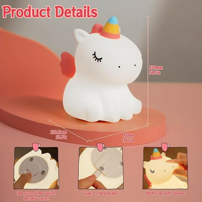 Unicorn Silicone Night Light for Kids – Soft LED Bedside Lamp with Colorful Horn – Rechargeable and Touch-Control Night Lamp for Baby Room, Girls’ Bedroom, Nursery or Gift
