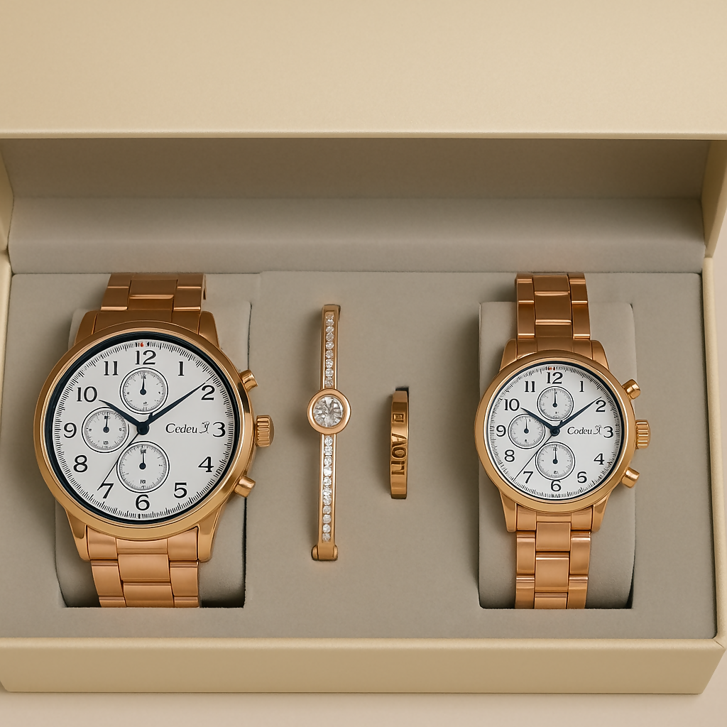 Luxury Gold-Plated Couple Watch Gift Set – His & Hers Matching Chronograph Watches with Elegant Bracelet & Love Engraved Ring in Premium Display Box – Ideal for Anniversary, Wedding, or Valentine's Day Gift