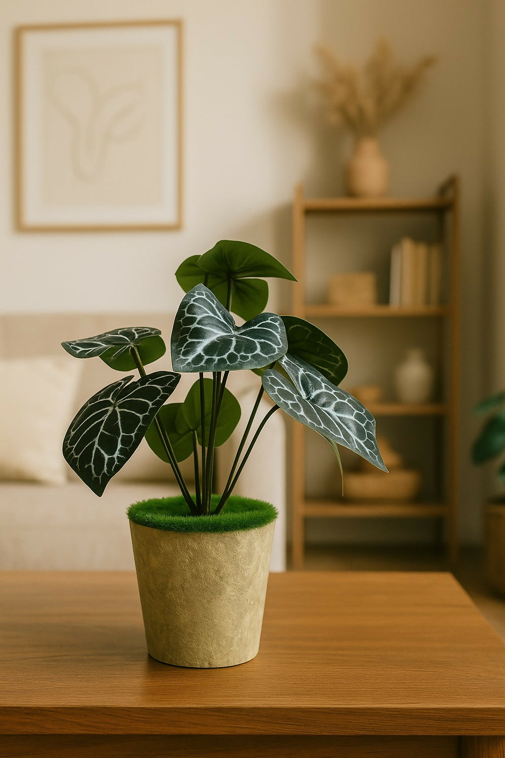 Artificial Alocasia Black Velvet Decorative Plant in Beige Pot – Faux Indoor Plant for Home, Office, and Tabletop Décor