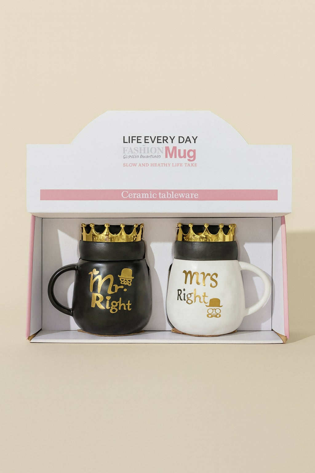 Mr. Right & Mrs. Right Couple Ceramic Mug Set with Golden Crown Lids – Black & White Coffee Cups with Funny Prints – Perfect Gift for Husband Wife, Wedding, Anniversary, Engagement, Valentine’s Day & Birthday (2 Pieces)