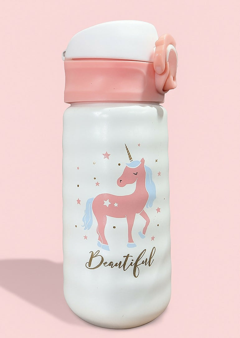 Pink & White Unicorn Water Bottle for Kids – 500ml BPA-Free Sipper Bottle with Flip Lock Lid and Cute "Beautiful" Unicorn Print (Leak-Proof & Reusable)