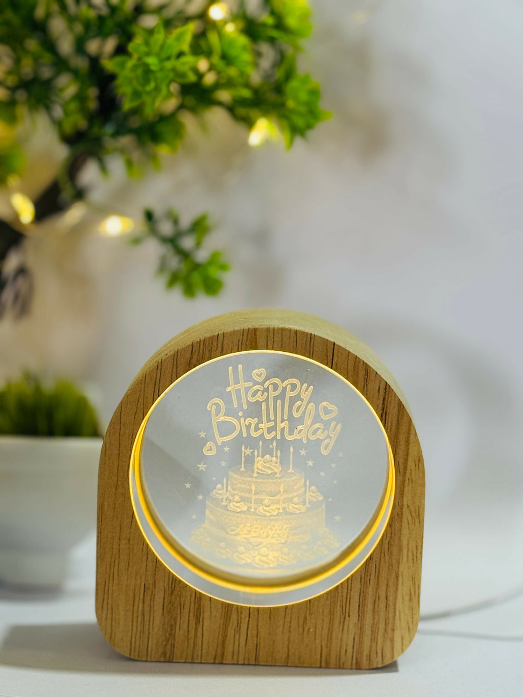 Happy Birthday Theme 3D Crystal Glass LED Night Lamp with Wooden Frame – USB Powered Warm Glow Table Light | Unique Birthday Gift for Friends, Family, Kids & Romantic Celebration Decor