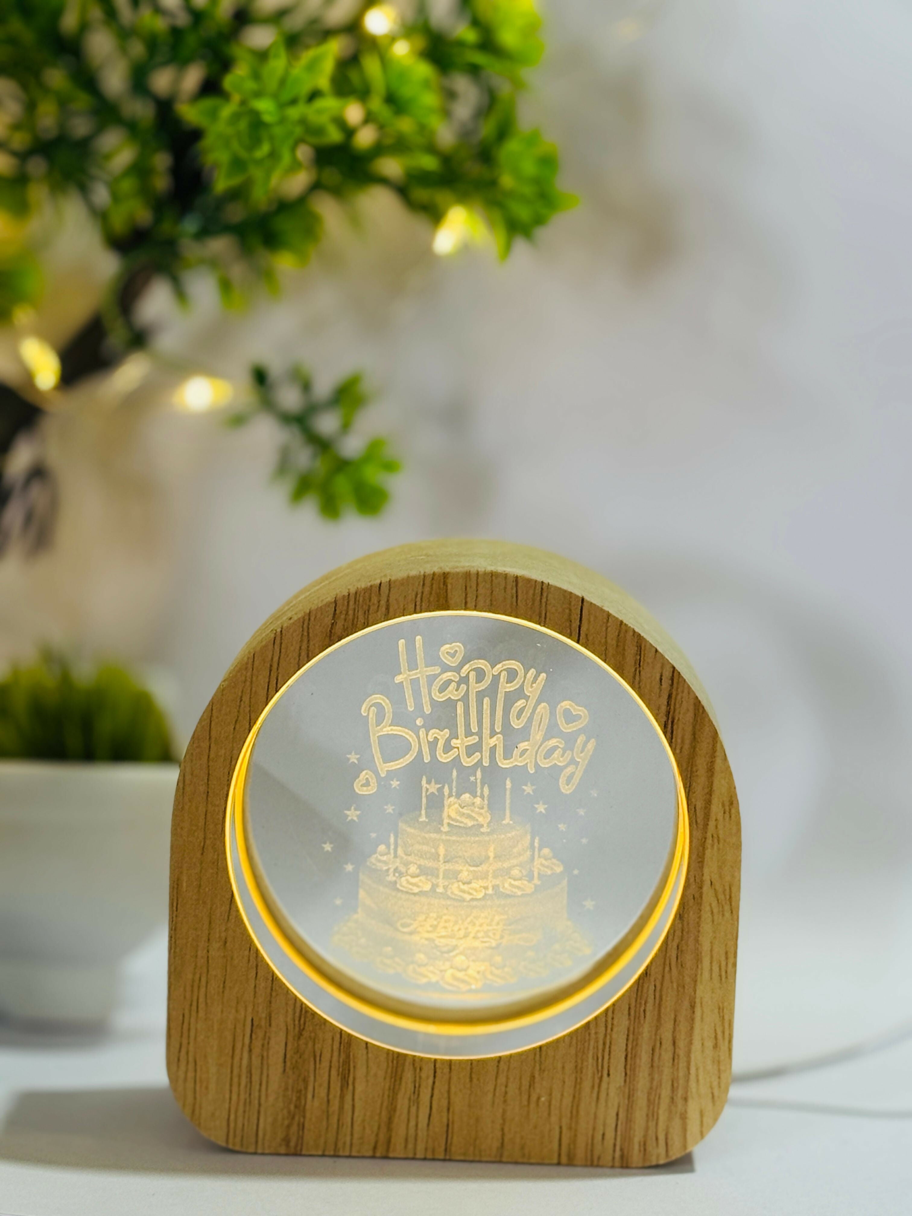 Happy Birthday Theme 3D Crystal Glass LED Night Lamp with Wooden Frame – USB Powered Warm Glow Table Light | Unique Birthday Gift for Friends, Family, Kids & Romantic Celebration Decor