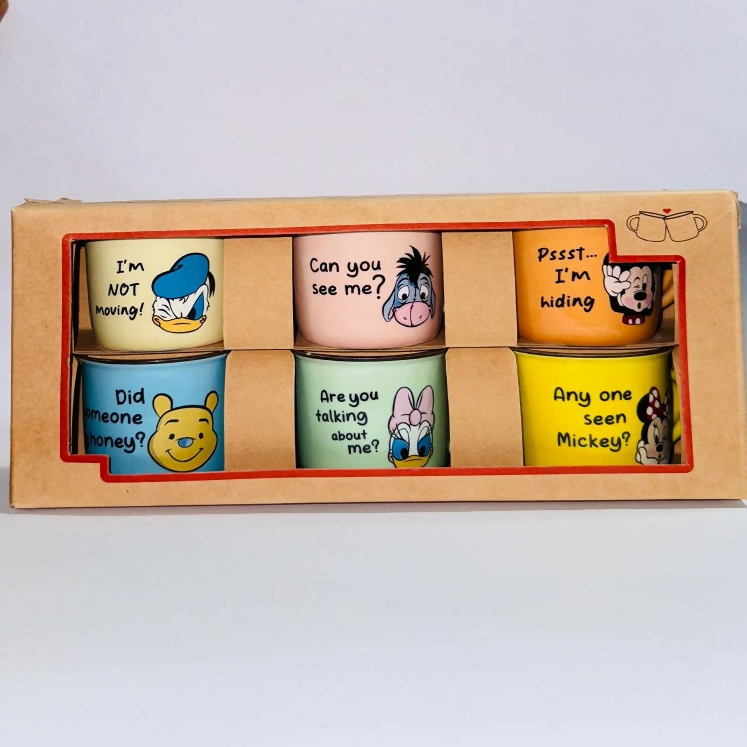 Set of 6 Colorful Cartoon Printed Ceramic Coffee Mugs in Gift Box | Cute Mini Tea Cups with Funny Quotes | Multicolor Designer Cup Set for Tea, Coffee, Milk & Gifting | Kids & Adults Use