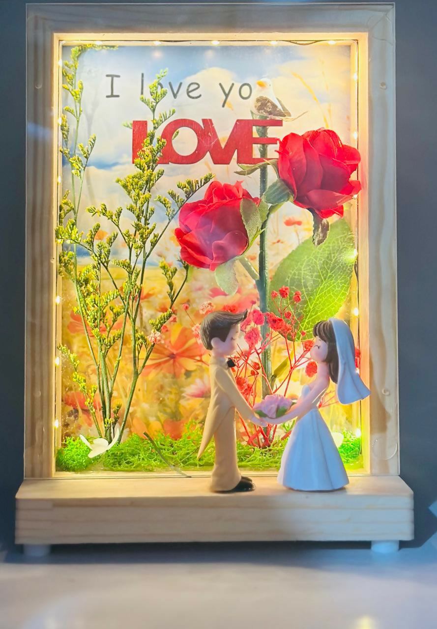 Forever Love Wooden Shadow Box with LED Lights photoframe, Rose Flowers and Couple in Love – Romantic Keepsake Gift for Anniversary, Proposals or Bedroom Decor