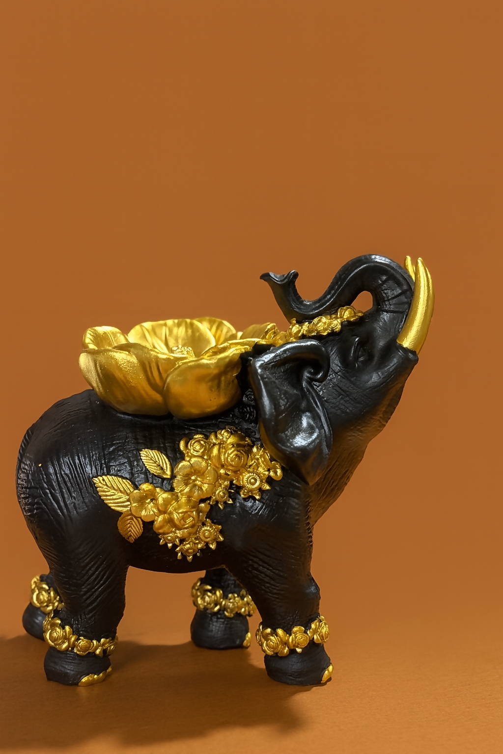 HOME DECOR Luxury Black and Gold Elephant Statue with Floral Embellishments