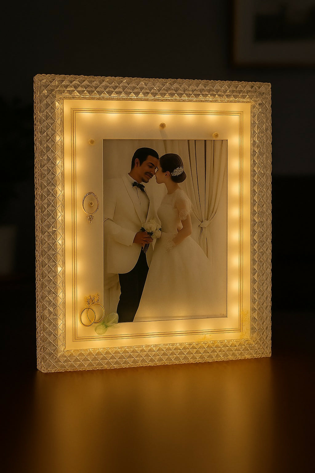 Premium LED Crystal Wedding Photo Frame with 3D Ring Decor – Illuminated Light-Up Picture Frame for Couple, Anniversary & Bedroom Decoration