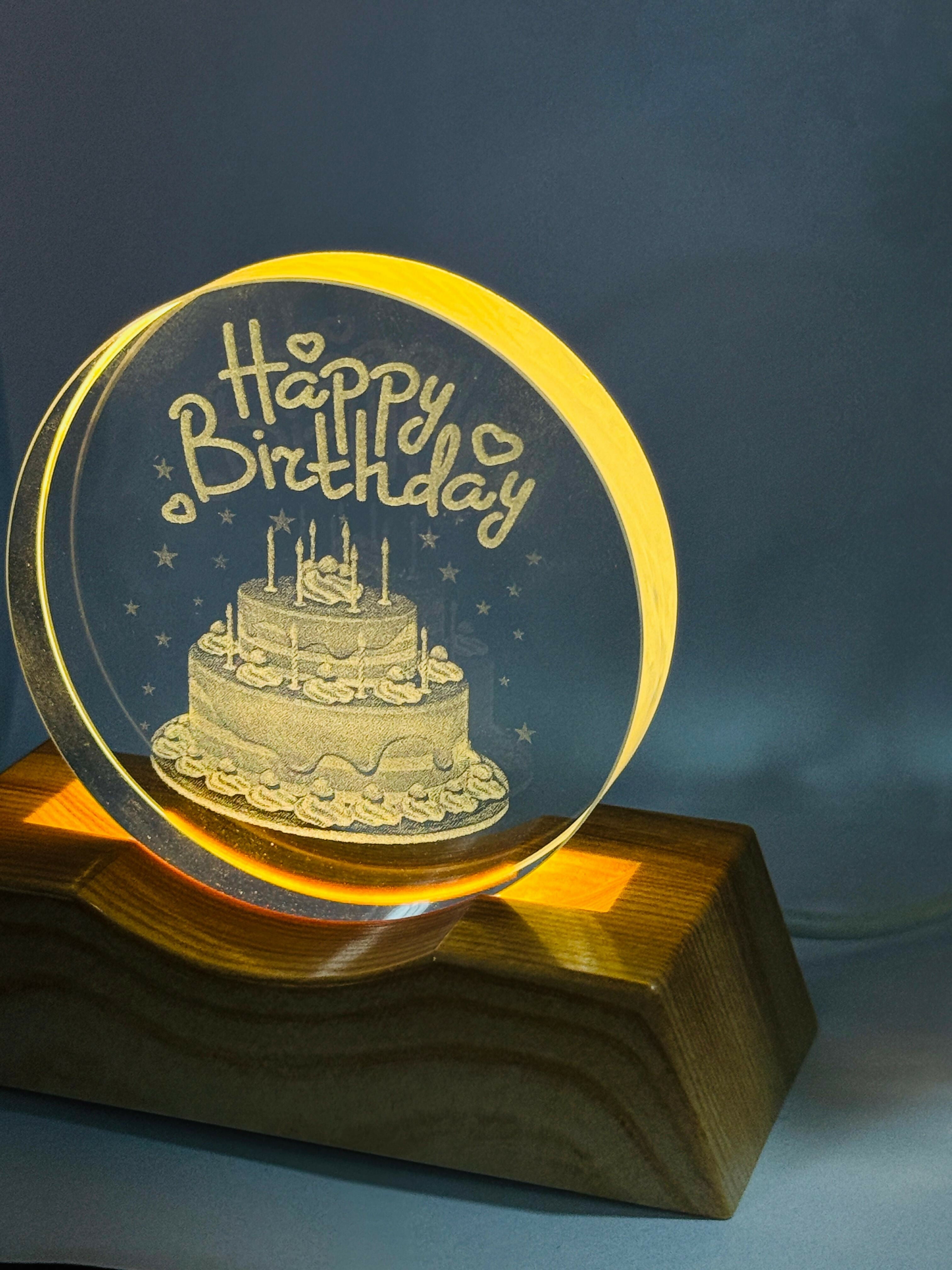 Happy Birthday 3D Acrylic LED Night Lamp with Wooden Base – Laser Engraved Birthday Cake Design | USB Powered Warm Light Table Decor | Unique Birthday Gift for Friends, Kids & Family