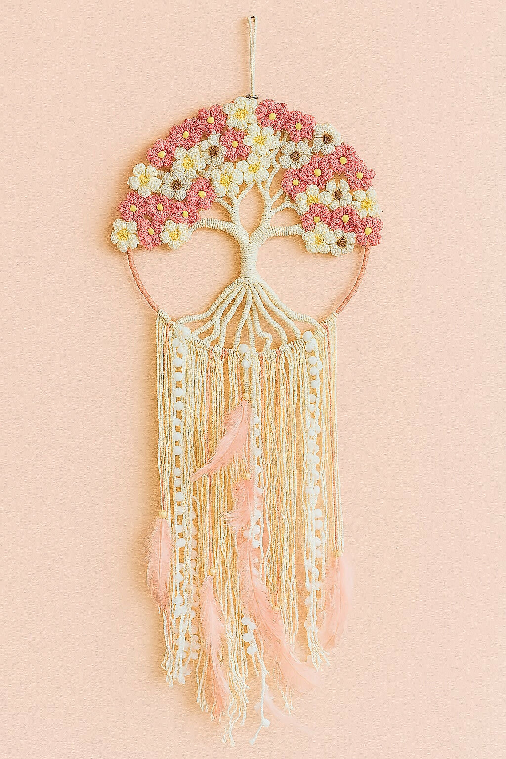 HOME DECOR Handmade Macrame Tree of Life Dreamcatcher Wall Hanging with Pink & White Floral Design – Cotton Yarn Boho Decor with Tassels and Feathers for Bedroom, Living Room & Gifting