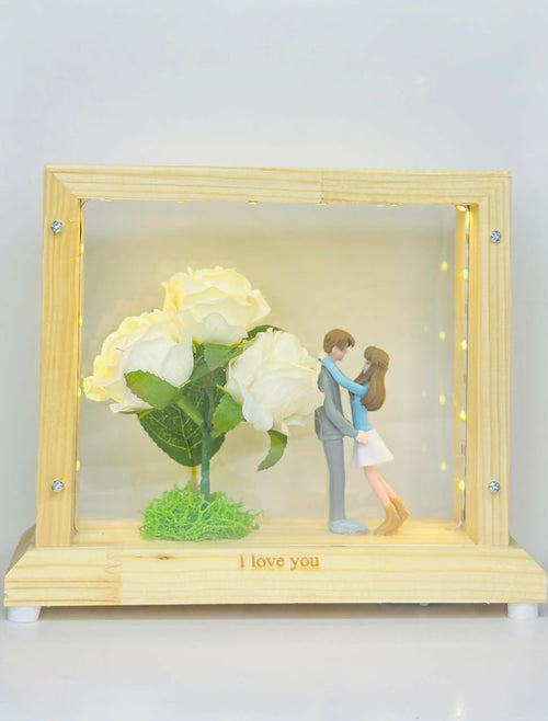 "LED Light-Up Wooden Box Frame with Artificial Pink Roses and Romantic Couple Figurines – I Love You Decorative Gift for Anniversary, Valentine's Day, or Bedroom Table Display