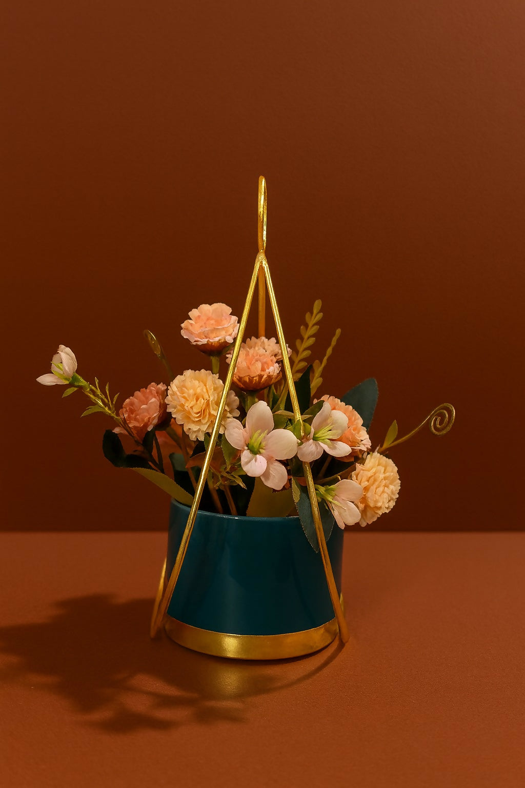 Golden Triangle Frame Flower Stand with Artificial Peach & Pink Blooms in Glossy Dark Green Pot – Elegant Tabletop Floral Arrangement for Home, Office & Gift Décor