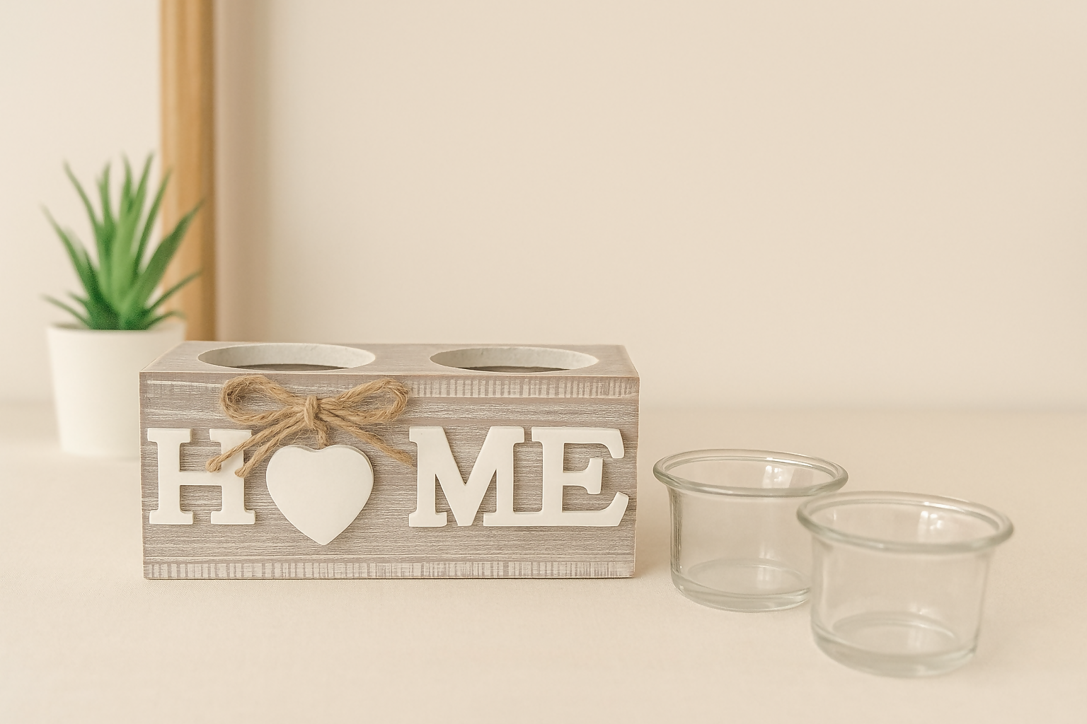 Rustic Wooden 'HOME' Tealight Candle Holder with Glass Cups – Farmhouse Style Decorative Centerpiece with Jute Bow and Heart Accent – Tabletop Decor for Living Room, Entryway, Mantel, or Housewarming Gift 2 candles