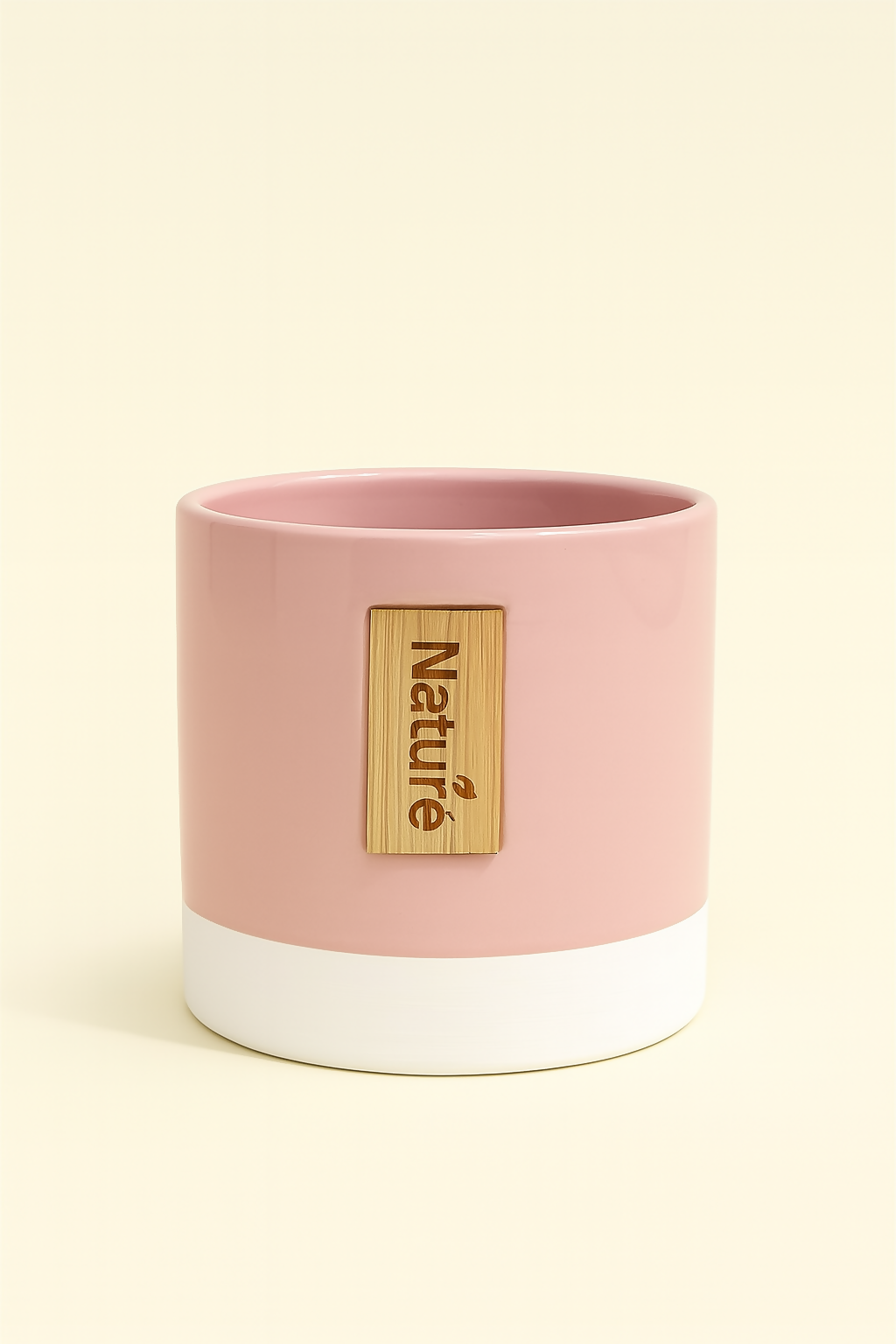 Nature-Inspired Pink Ceramic Planter Pot with Wooden Tag – Minimalist Matte Finish Flower Pot for Indoor Table Decor – Modern Round Succulent Planter with White Base