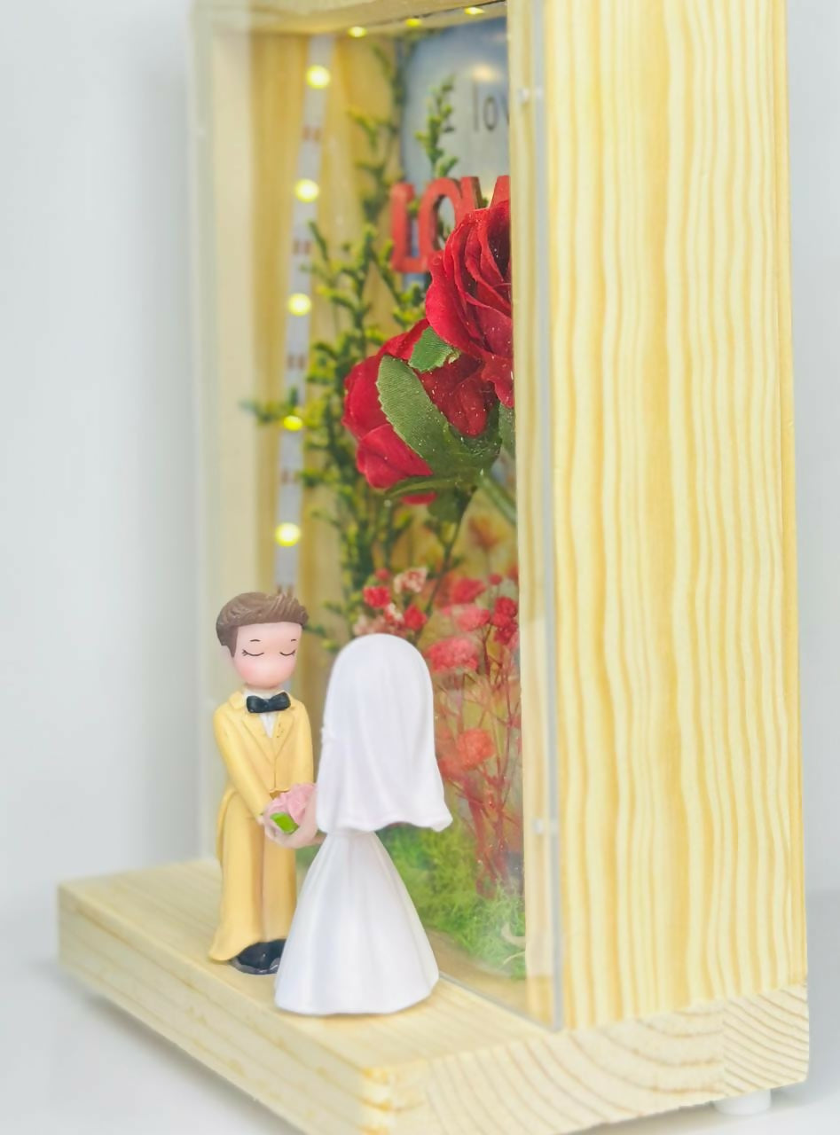 Forever Love Wooden Shadow Box with LED Lights photoframe, Rose Flowers and Couple in Love – Romantic Keepsake Gift for Anniversary, Proposals or Bedroom Decor