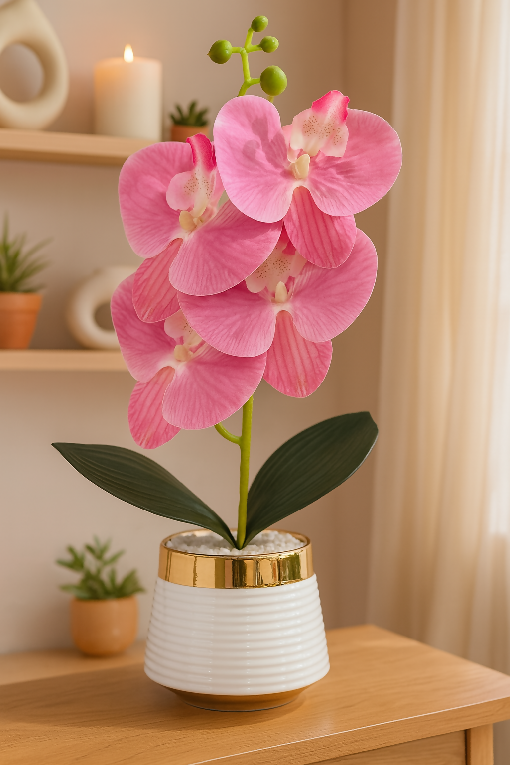 Luxury Artificial Pink Orchid Flower Plant with Ceramic Pot – Elegant Faux Orchid Decoration with White Pebbles for Home, Office, Living Room, Bedroom & Gift Use