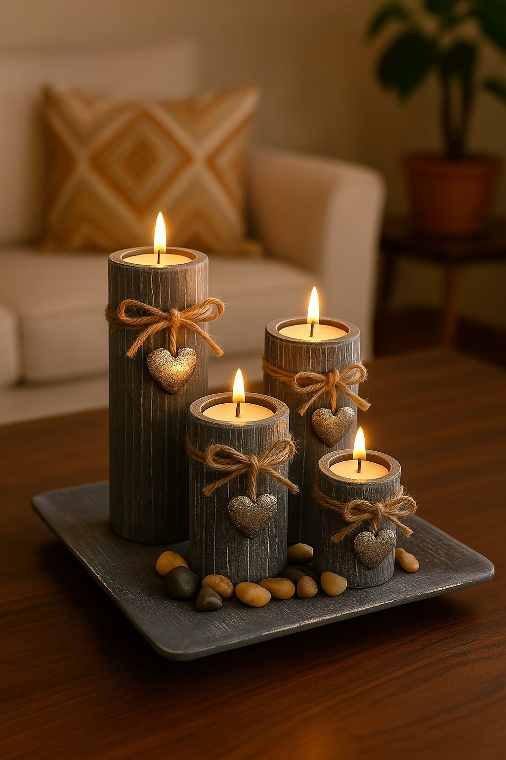 Rustic Grey Heart-Themed Candle Set with Decorative Tray – Scented Pillar Candles with Jute Bows and Stones for Home Decor, Living Room, and Gift Use