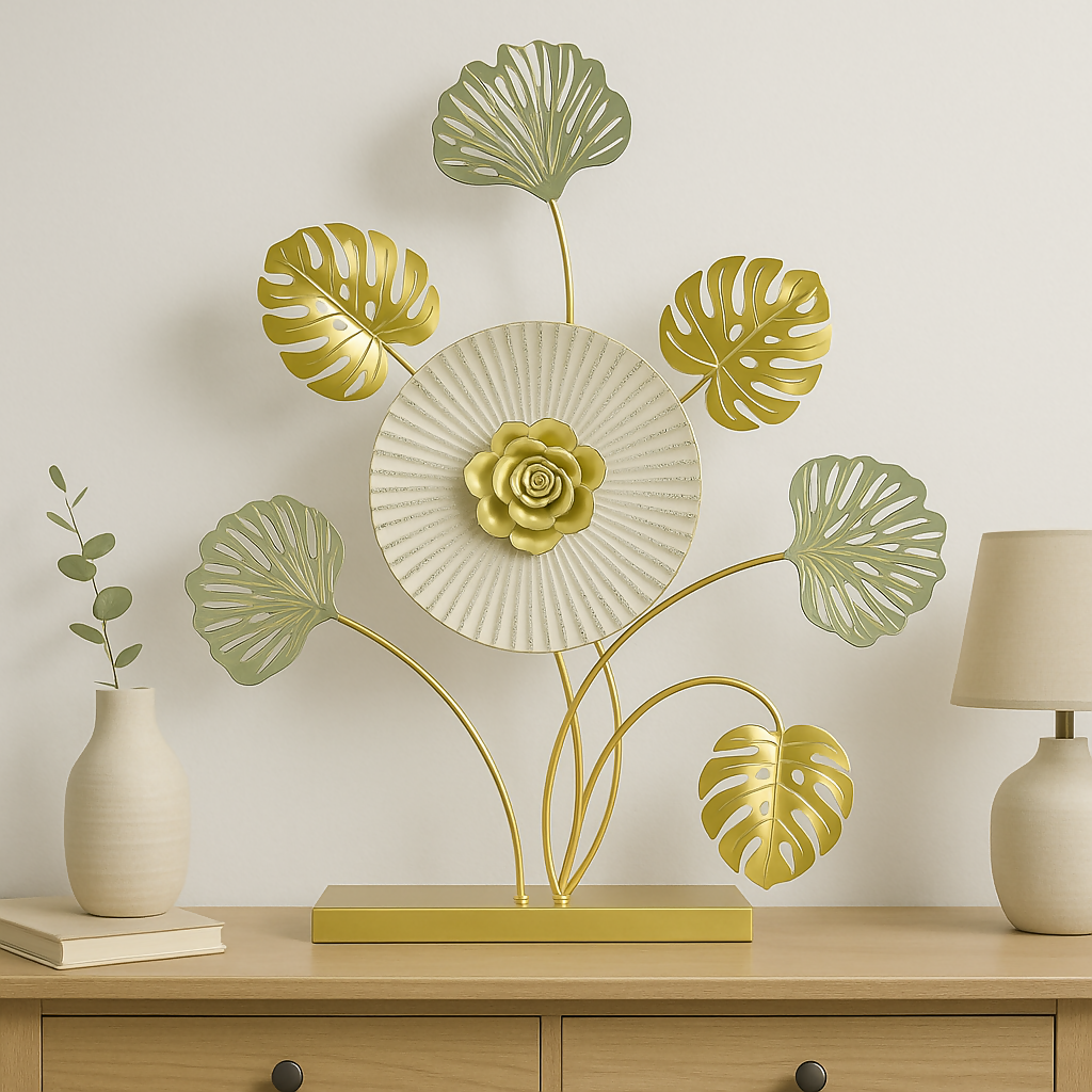 HOME DECOR Golden Floral Leaf Metal Table Decor – Elegant Centerpiece Sculpture