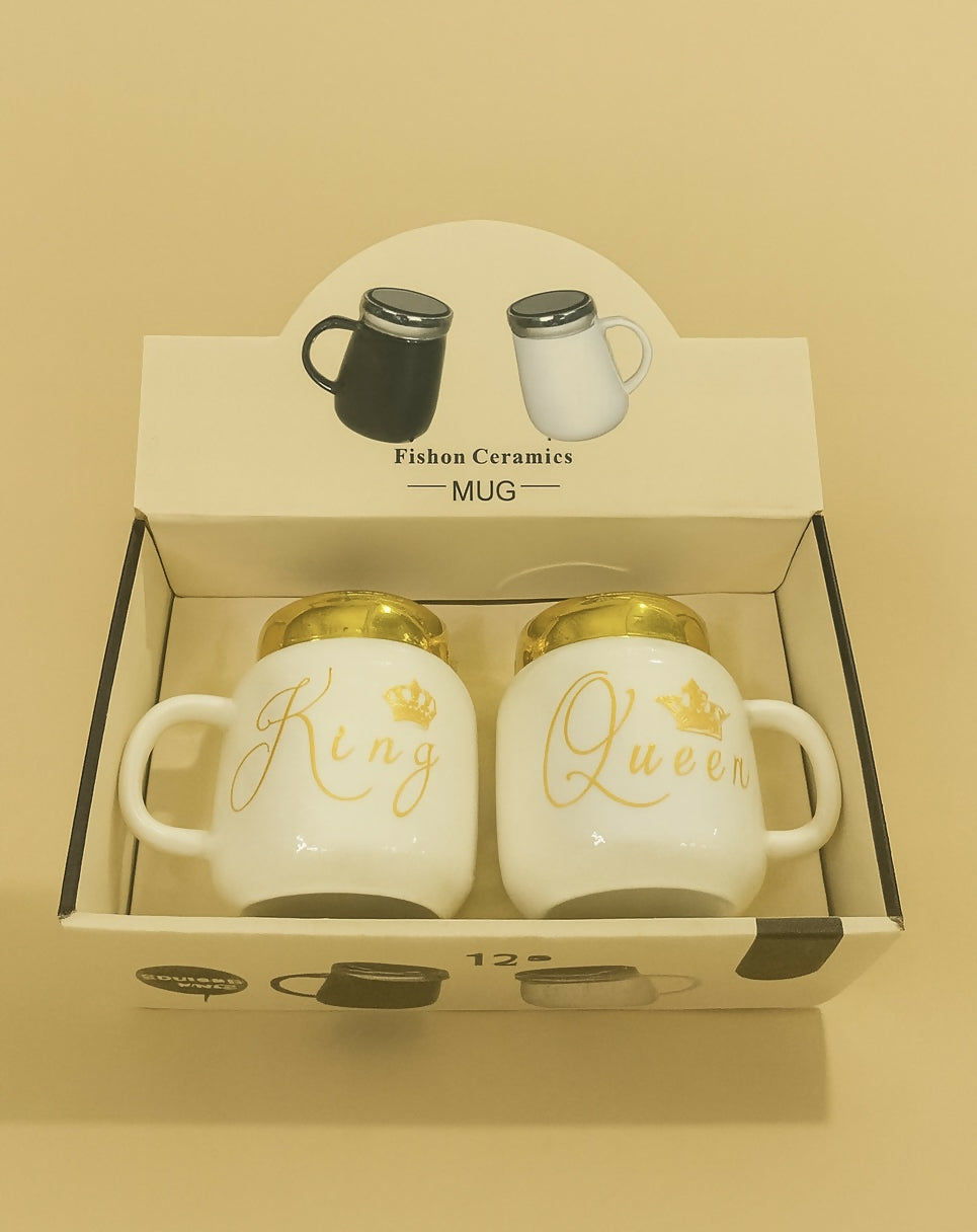 King and Queen Ceramic Mug Set with Golden Lids – White Couple Coffee Mugs in Gift Box – Romantic His and Her Tea Cups – Premium Fishon Ceramics Matching Gift Set