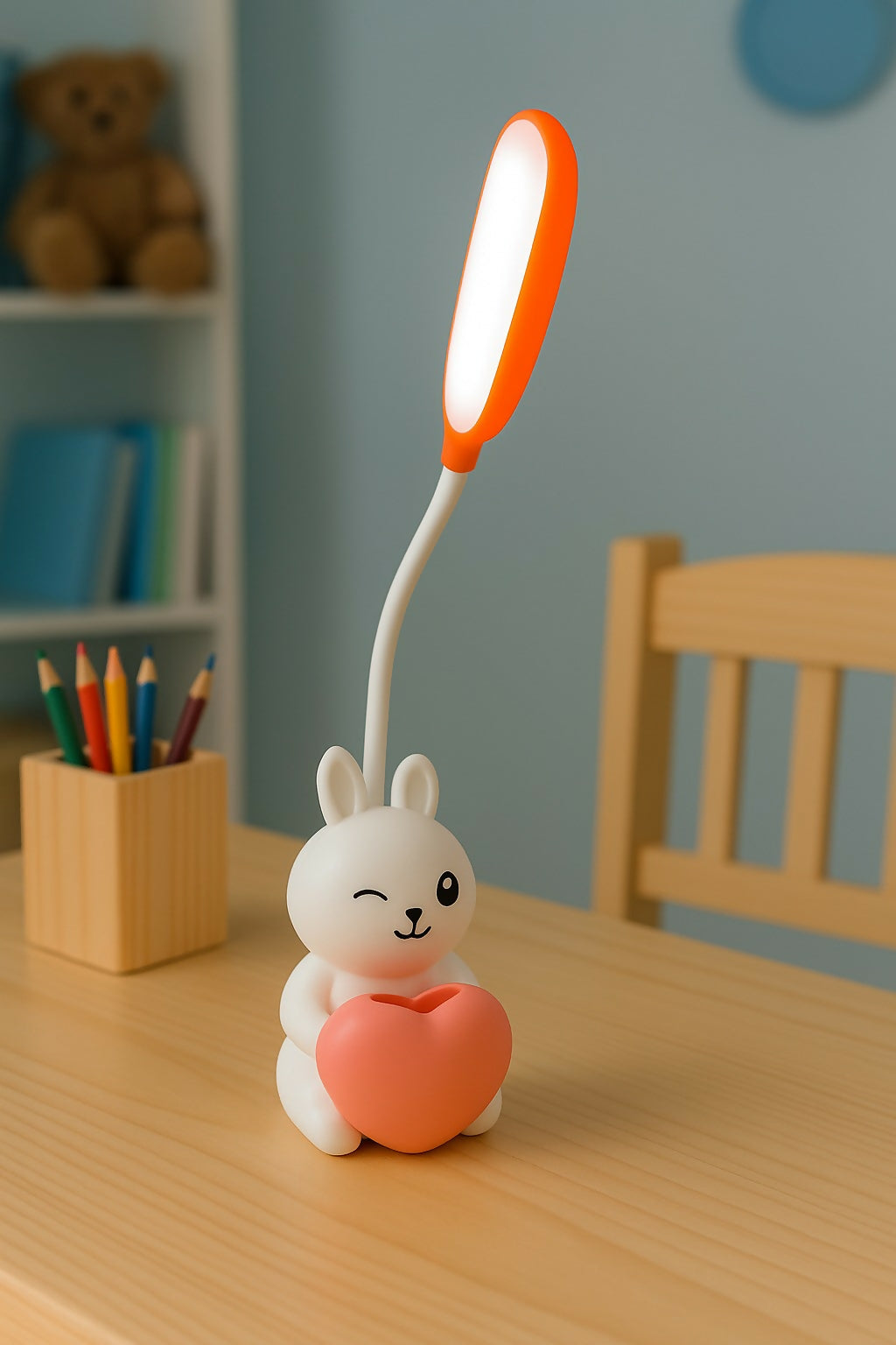 White Bunny LED Desk Lamp with Heart Pen Holder – USB Rechargeable Flexible Gooseneck Eye Protection Study Light for Kids, Cute Night Lamp for Bedroom, Study Table & Gifts