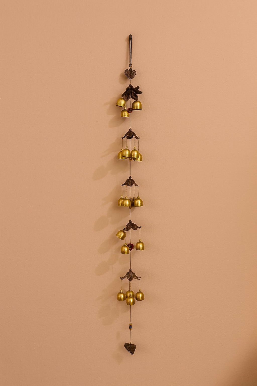 Handcrafted Brass Bell Wind Chime for Home Décor – Ethnic Hanging Bells with Heart Motif – Metal Wind Chimes for Balcony, Door, Living Room, Meditation Space & Positive Vibes