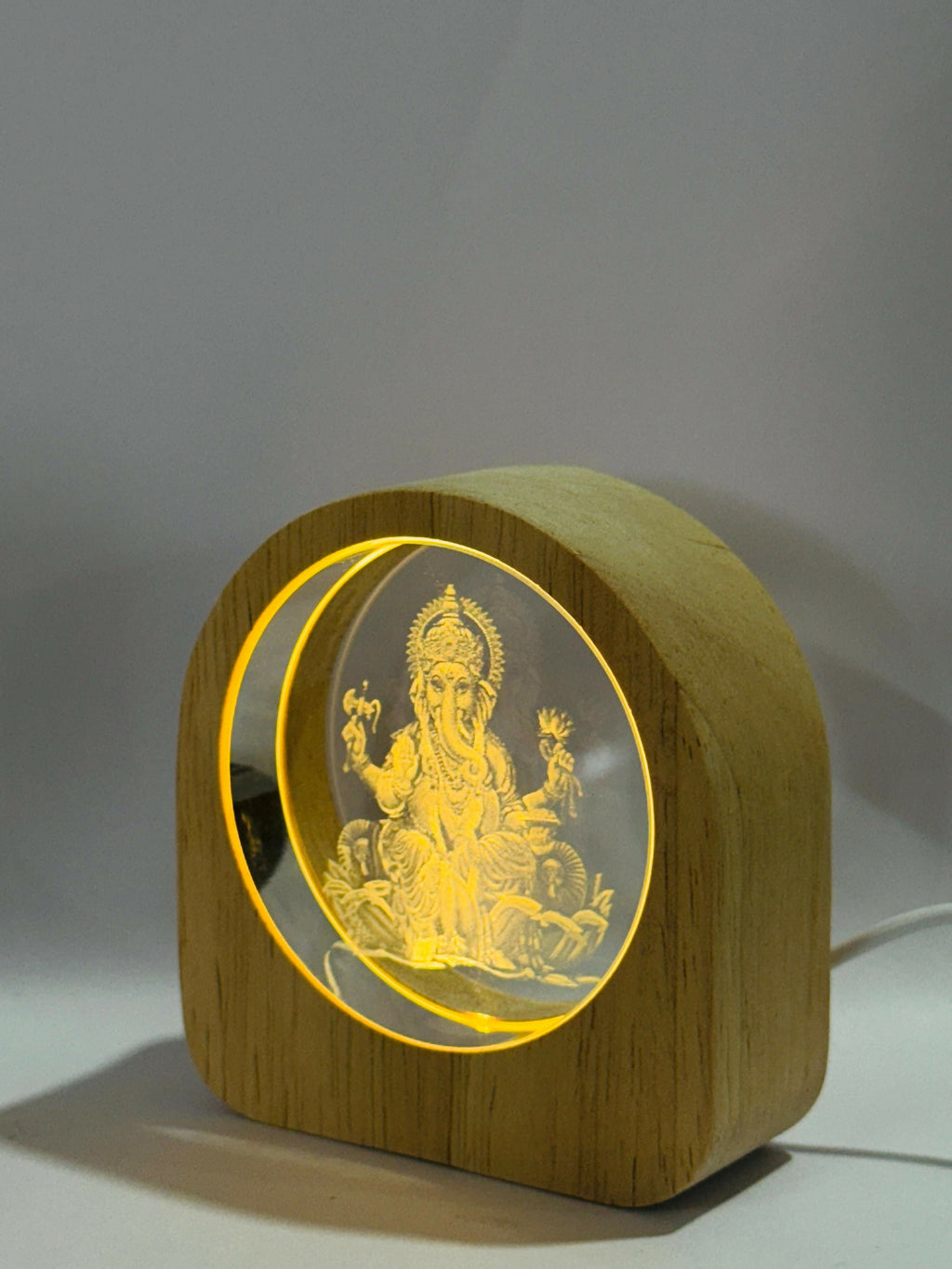 Lord Ganesha Sitting Idol 3D Laser Engraved LED Night Lamp in Crystal Glass with Wooden Frame – USB Powered Table Light with Warm Yellow Glow | Spiritual Pooja Room Decor & Gift for Home and Festivals