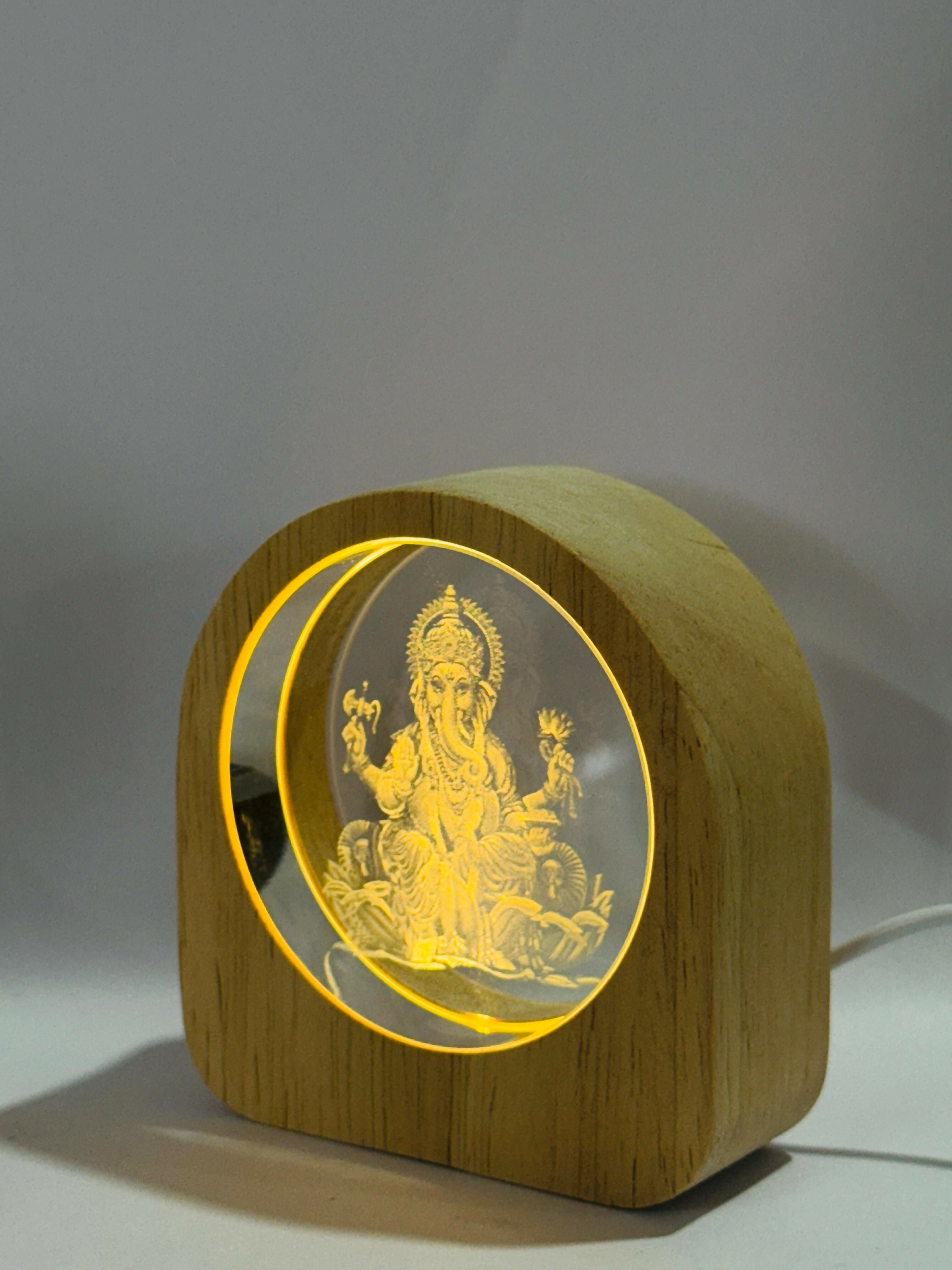 Lord Ganesha Sitting Idol 3D Laser Engraved LED Night Lamp in Crystal Glass with Wooden Frame – USB Powered Table Light with Warm Yellow Glow | Spiritual Pooja Room Decor & Gift for Home and Festivals